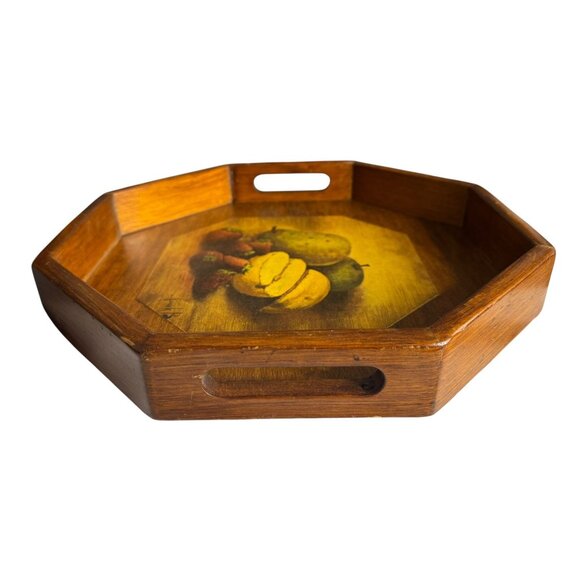 Vintage Octagonal Wooden Serving Tray With Decoupaged Still Life Print & Felt Ba - Picture 4 of 7